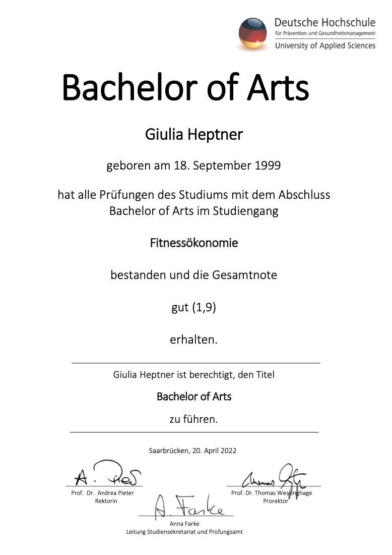 Bachelor-of-Arts-Urkunde im Studiengang Fitnessökonomie